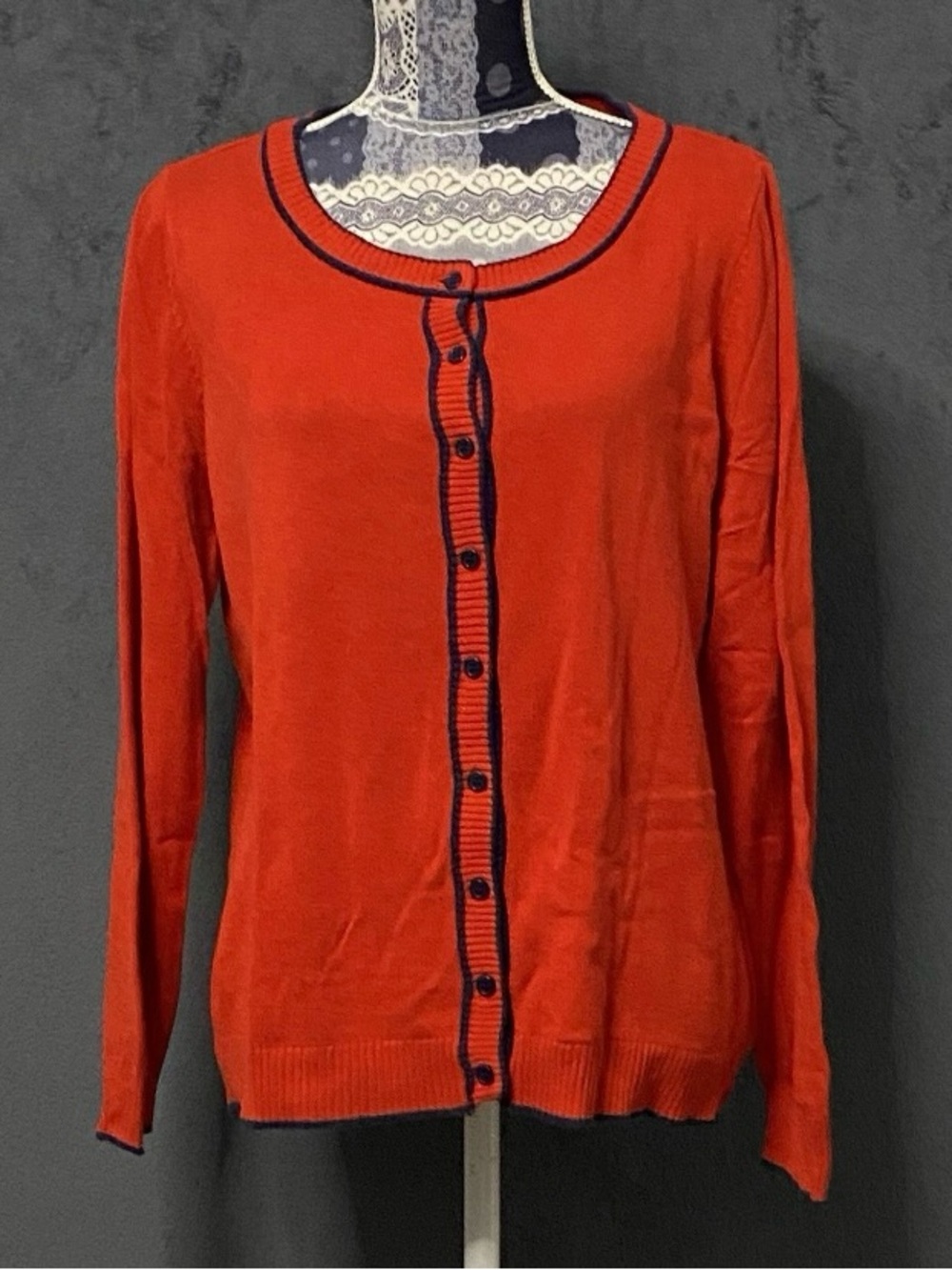 Modcloth Cardigan Sweater Womens 1X Red Blue Trim Button Up Round Neck Classic